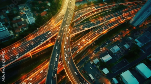 Tela Aerial view of car traffic on multi lane highways or expressways, traffic in roundabouts is part of everyday life