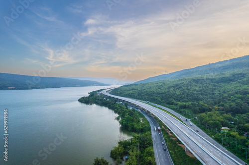 Topview from drone of motorway Mittraphap road, Nakhon Ratchasima, Thailand.