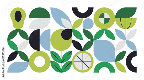 Geometric food pattern. Abstract mosaic nature elements, organic fruit plants minimal layout banners. Vector bauhaus background
