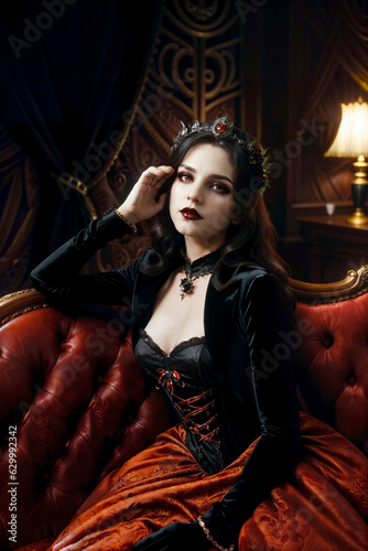 portrait of a goth vampire woman sitting on a red Victorian sofa