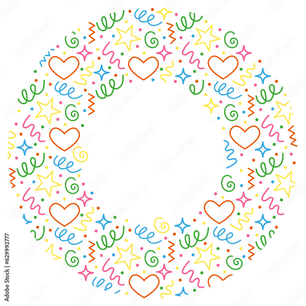Colorful Holiday Circle Frame with fun doodle pattern hand drawn style. Festive Kid Round Label template. Design graphic element PNG on transparent background