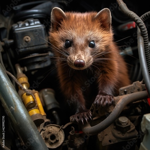 marten in the engine compartment of a car photo