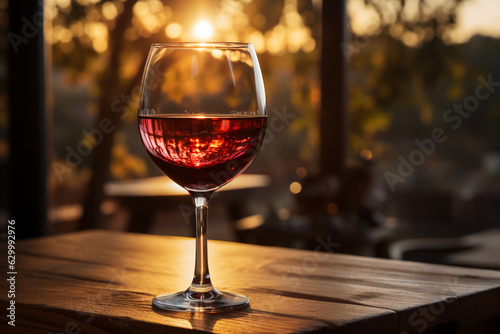 A glass of rich red wine sat on a rustic wooden table. AI generative