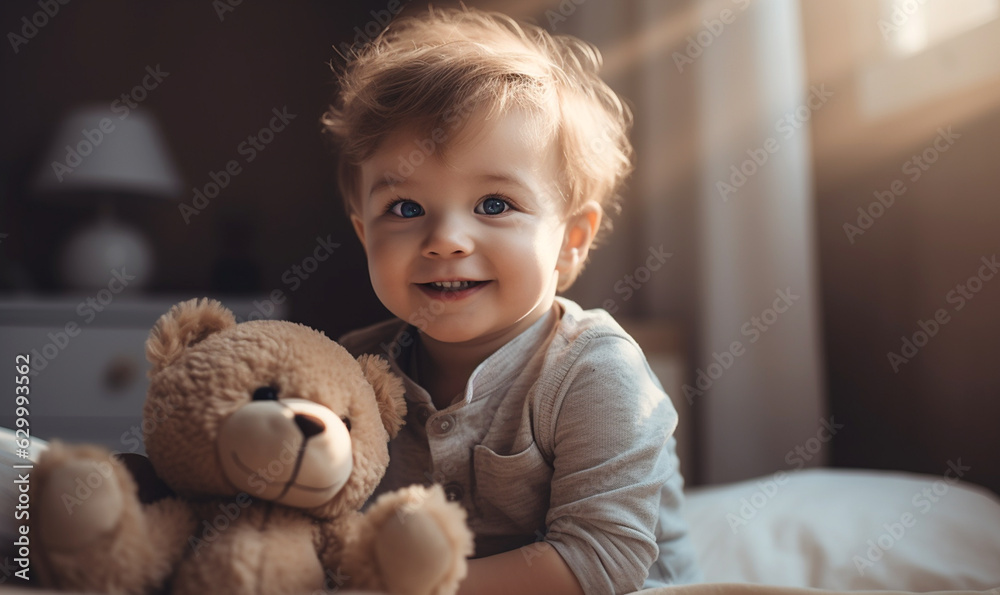 kleiner lachender Junge mit Teddybär kleiner lachender Junge mit Teddybär