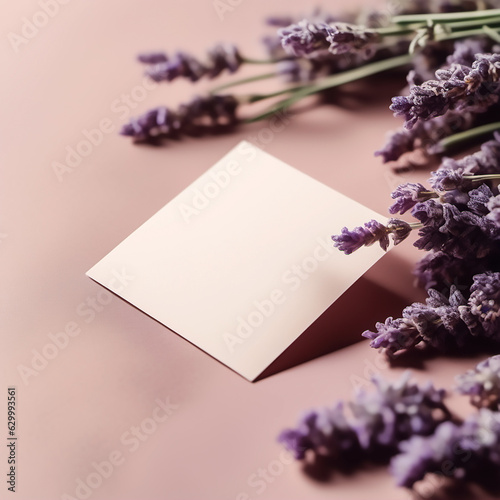Simple business card design with a wedding invitation on purple lavender flowers. Soft, natural background, and artistic shadows. Unique summer floral banner featuring medicinal herbs.