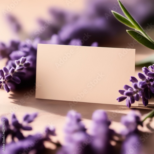 Simple business card design with a wedding invitation on purple lavender flowers. Soft, natural background, and artistic shadows. Unique summer floral banner featuring medicinal herbs.