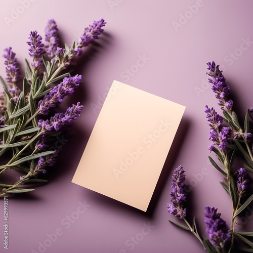 Simple business card design with a wedding invitation on purple lavender flowers. Soft, natural background, and artistic shadows. Unique summer floral banner featuring medicinal herbs.