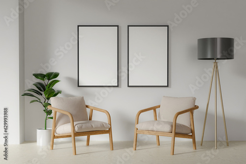 Frame mockup in contemporary minimalist beige room interior. 3d render illustration