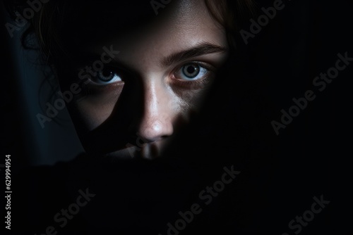 Girl's face in the dark, concept of fearful photography. Generative AI photo