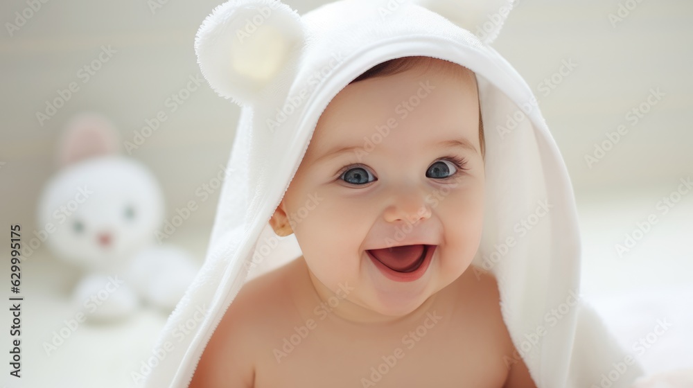 Cute baby with a towel on his head smiles on a white background. - obrazy, fototapety, plakaty 