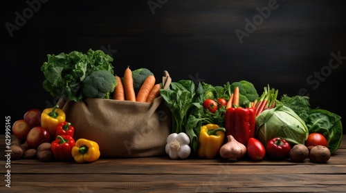 Shopping bag full of fresh organic vegetables on a wooden table. Place for text.