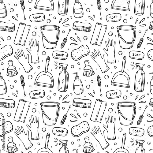 Seamless pattern with cleaning items - rubber gloves, soap, bucket, dustpan, spray bottle, scrub brushes. Vector hand-drawn illustration in doodle style. Perfect for print, wallpaper, decorations.
