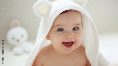 Cute baby with a towel on his head smiles on a white background. photo