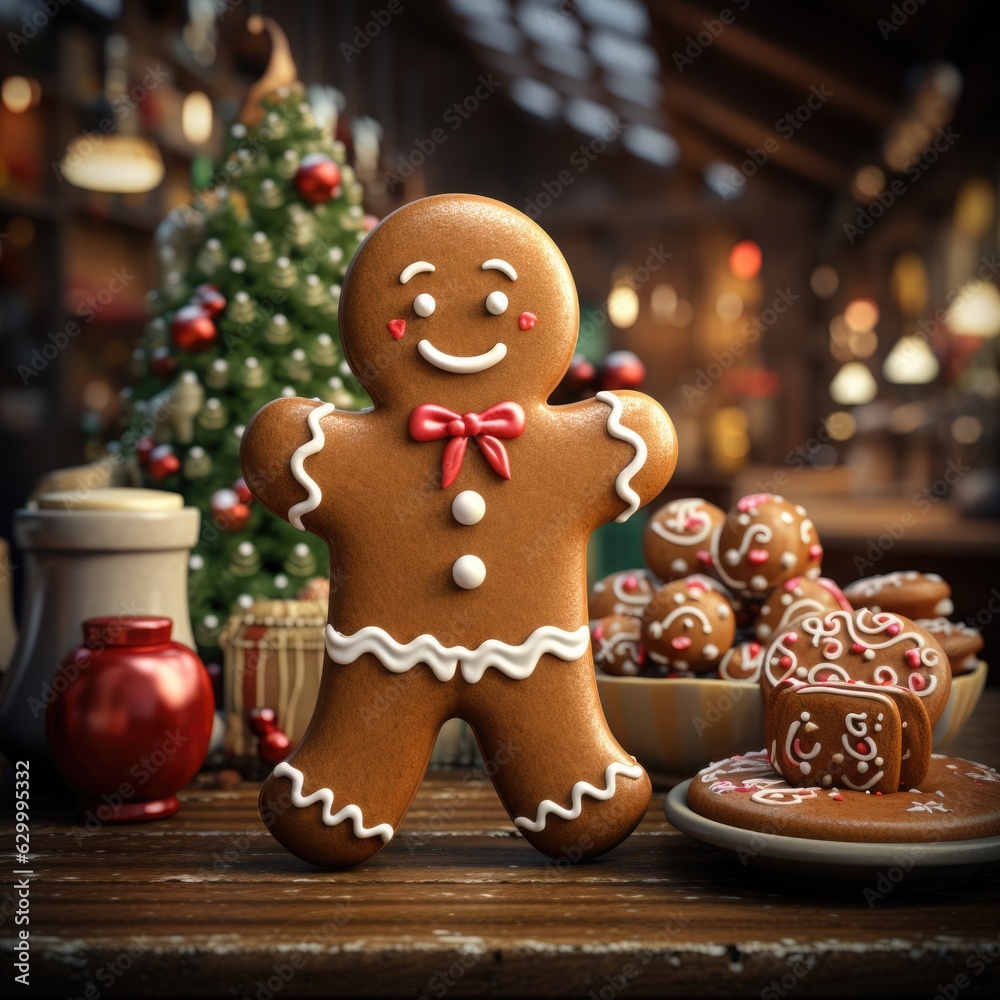Gingerbread man and Christmas tree on a wooden table.