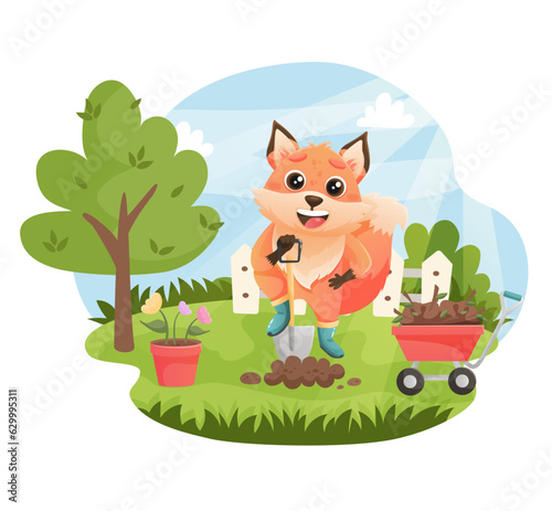 Fox digging up ground with shovel to plant flowers in the garden. Cute fox character working in garden. Vector illustartion