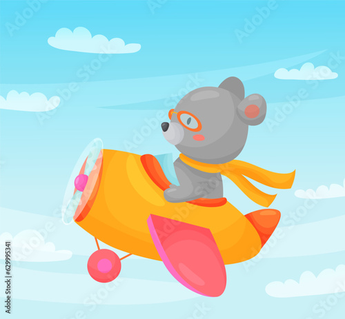 Bear pilot is flying on plane through the clouds. Cute cartoon vector illustration for children.
