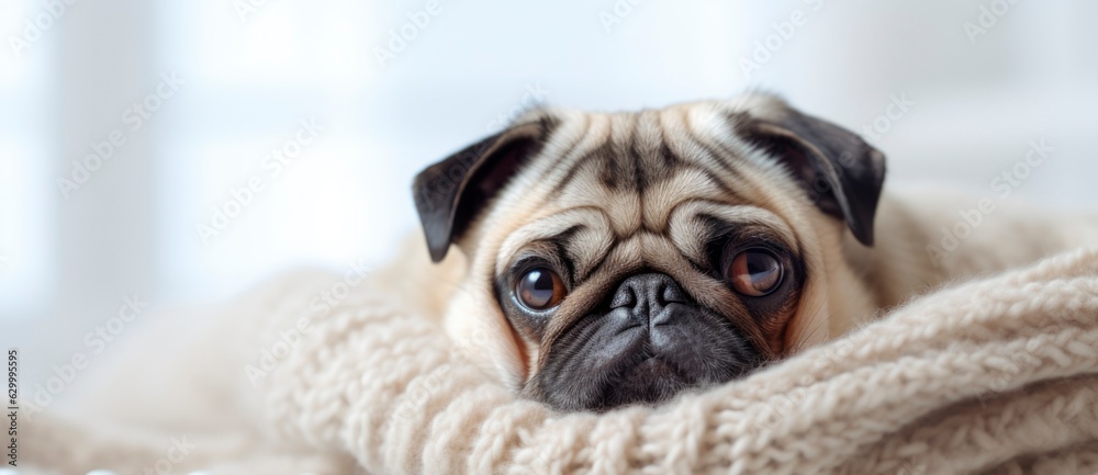 Cute pug dog wrapped in warm blanket at home, closeup.
Cute pug dog wrapped in warm blanket at home, closeup.