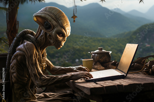 alien working at laptop. Extraterrestrial beings with computer AI illustration