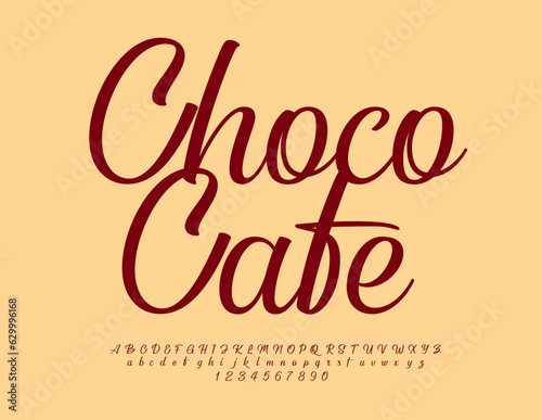 Vector sweet banner Choco Cafe. Beautiful Alphabet Letters, Numbers and Symbols set. Calligraphy Brown Font