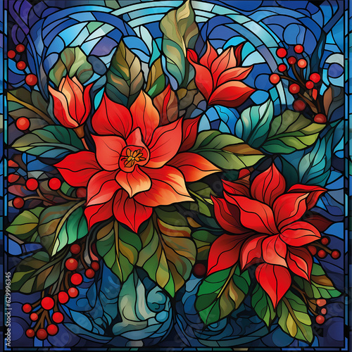 Stained Glass Poinsettia Flowers. Generative AI
