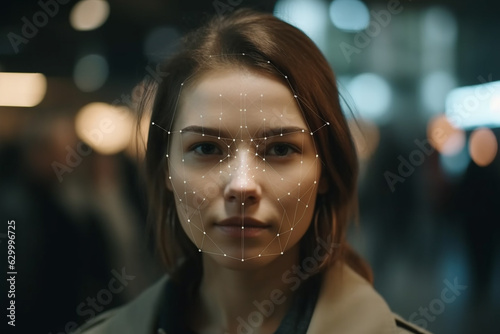 Face recognition technologies. A young girl on a city street.