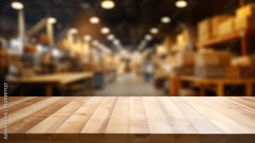 The backdrop of this product display montage is a blurred warehouse, with an empty wooden table as the centerpiece