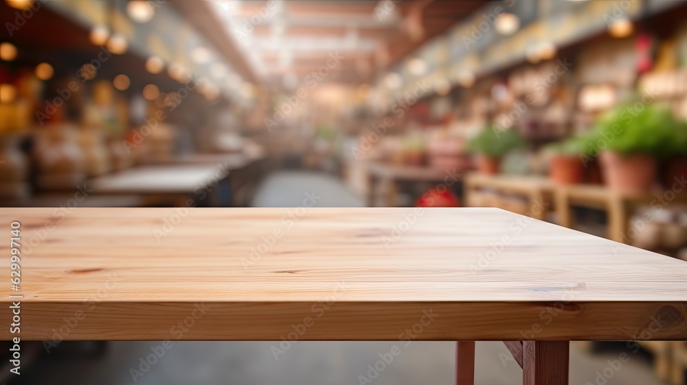 A product display montage featuring an empty wooden table with a blurred warehouse background