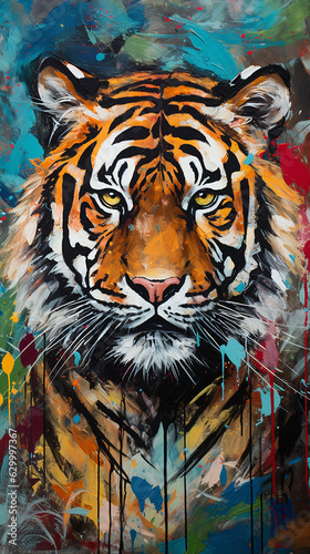 tigre   colagem e rabiscos  linhas ousadas  retrato m  tico  cores lindas  fundo abstrato