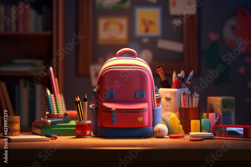 Schoolbag and stationery on the table. By Generative AI.