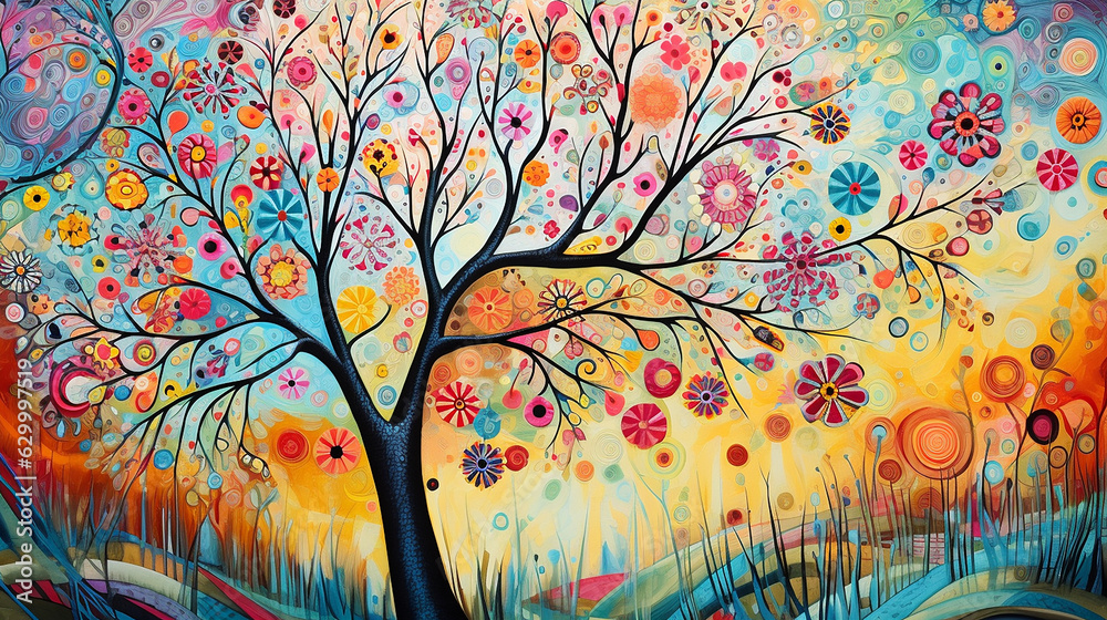 Obraz premium arvore com flores, colagem e rabiscos, linhas ousadas, retrato mítico, cores lindas, fundo abstrato