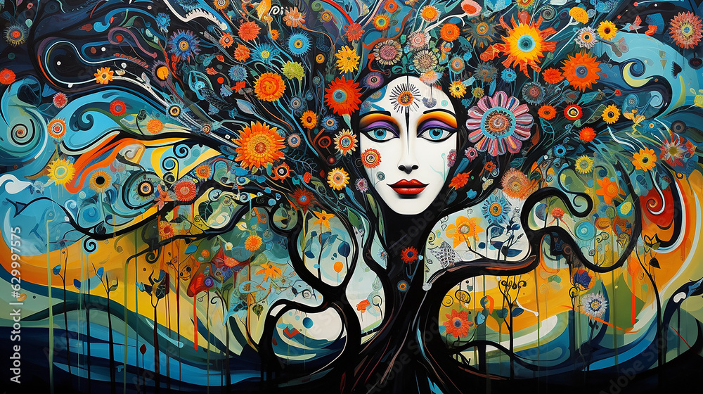 arvore com rosto de mulher jardim de flores, arte abstrata colorida 