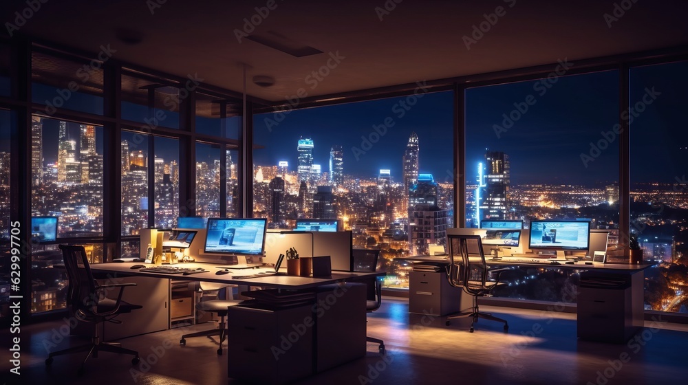 night time office space with row of working office table and work station unit modern interior office design,Generative AI night time office space with row of working office table and work station unit modern interior office design,Generative AI