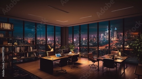 Fototapeta Naklejka Na Ścianę i Meble -  night time office space with row of working office table and work station unit modern interior office design,Generative AI