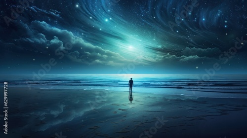 A person standing at the edge of the ocean against night stars © ArtCookStudio