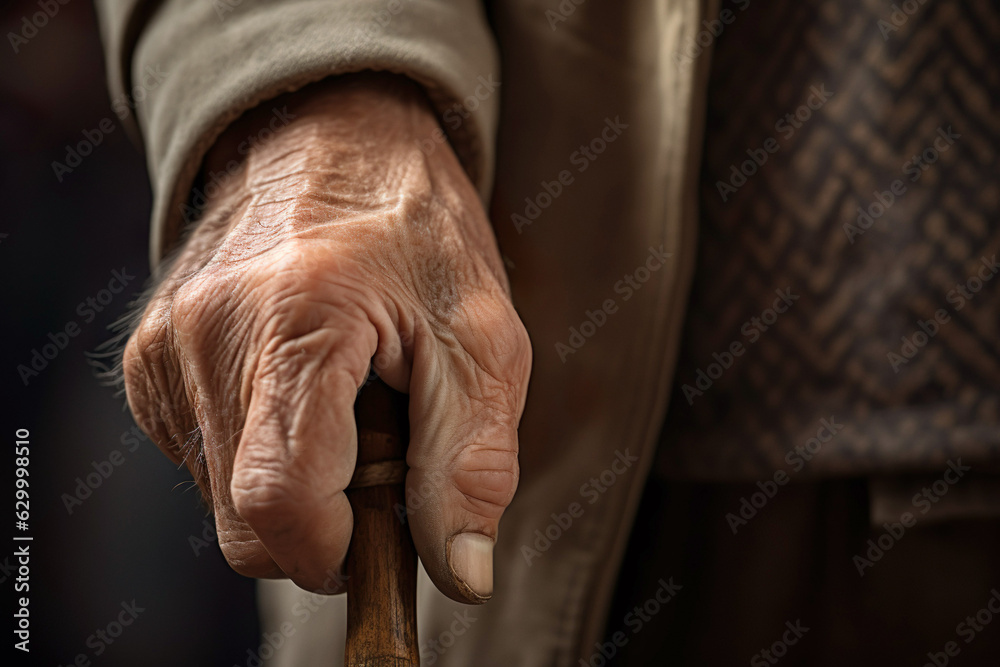 Closeup of an elderly old wrinkled hand resting upon a  walking stick. 