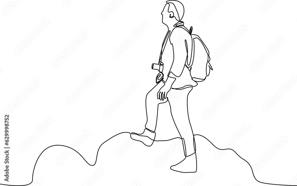 Fototapeta premium One continuous line drawing of Traveler or explorer on mountain or valley concept. Doodle vector illustration in simple linear style. 