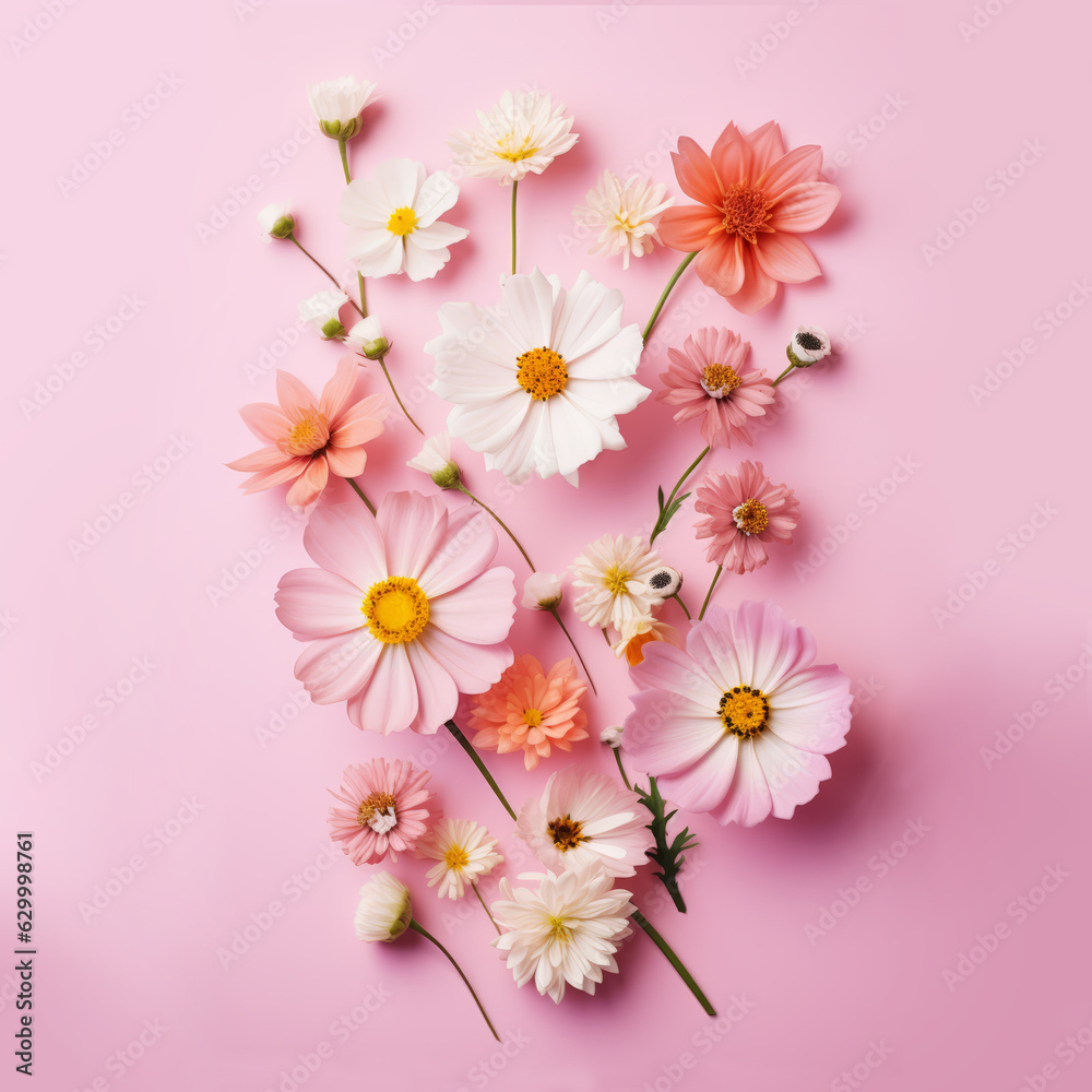 Colorful flowers on bright background. Spring, floral, colors background. AI generative, illustration