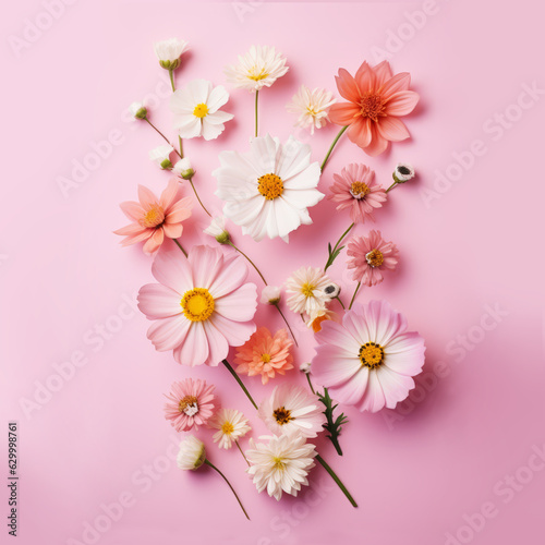 Colorful flowers on bright background. Spring, floral, colors background. AI generative, illustration