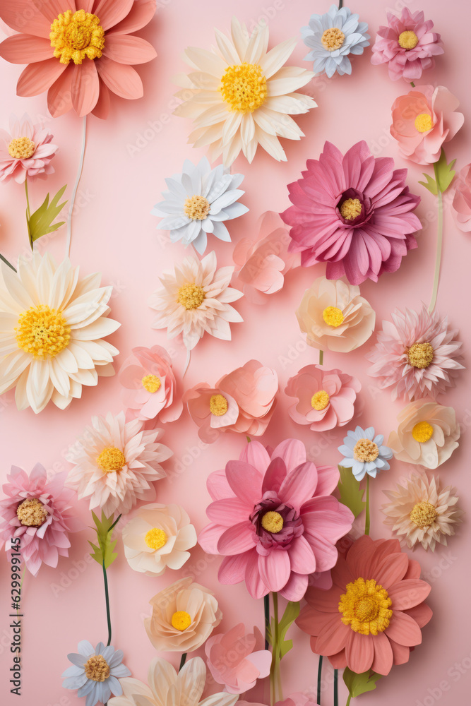 Obraz premium Colorful flowers on bright background. Spring, floral, colors background. AI generative, illustration