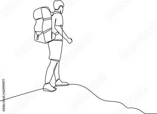 One continuous line drawing of Traveler or explorer on mountain or valley concept. Doodle vector illustration in simple linear style. 