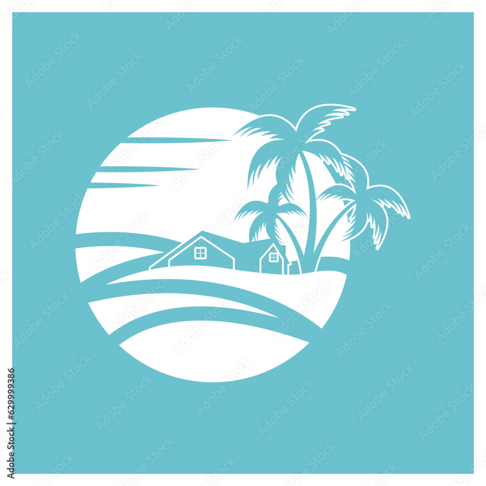 Minimalist icon sunset beach house logo