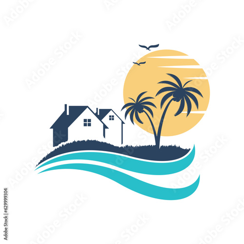Minimalist icon sunset beach house logo