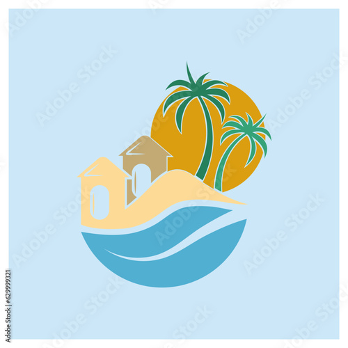 Minimalist icon sunset beach house logo