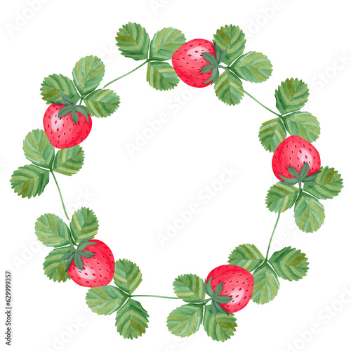 Fresh watercolor Strawberry wreath with leaves isolated on white background. Design for card, invitation, menu, farmers, food packaging, textile, apparel, natural cosmetics, summer design element.