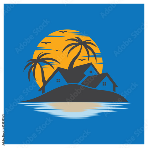 Minimalist icon sunset beach house logo