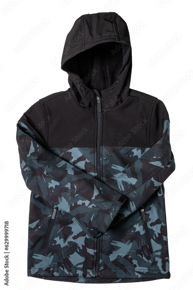 Winter jacket for children. Close-up of children's black warm jacket with hood isolated on white background. Winter fashion. Clipping path. Military style.