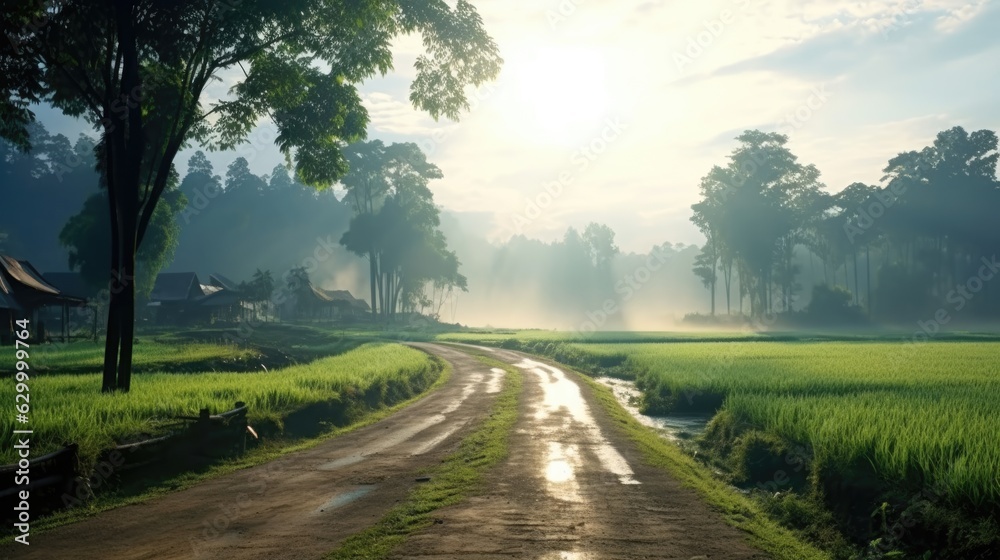 Road pass through natural green field in rainny season.