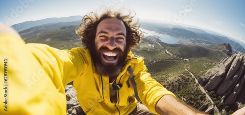 Happy man standing in mountain