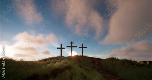 Three crosses on the hill with clouds moving on blue starry sky