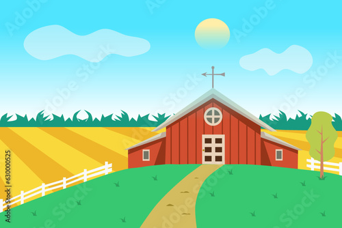 Rural landscape with a wheat field and a barn building on a hill in the morning. Vector illustration.